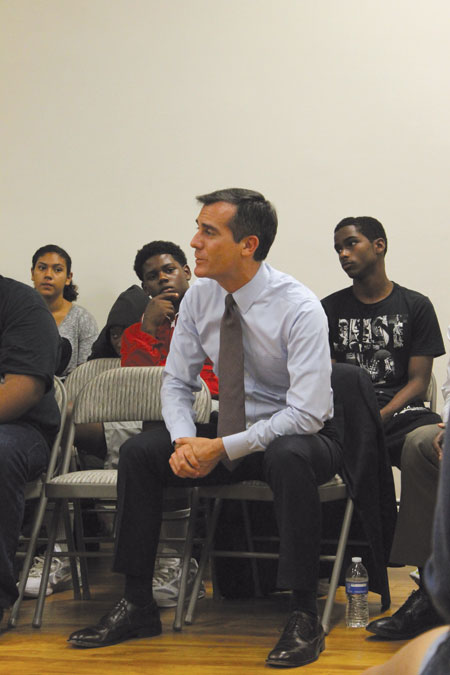 Mayor Eric Garcetti listens intently as young people at the Community Coalition vent their frustrations and fears in the wake of the “not guilty” verdict in the Trayvon Martin murder trial. (24215)